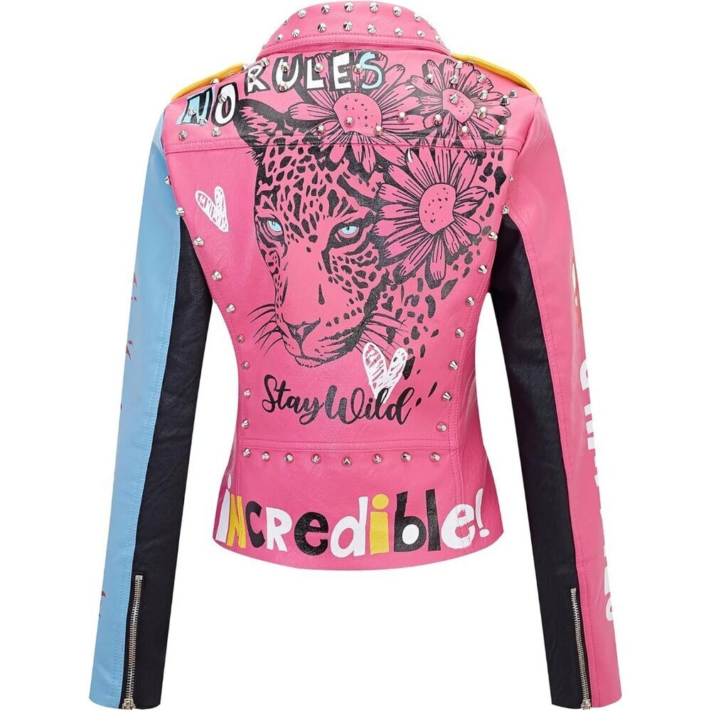 Women Pink Blue Studded Rivet Floral Moto Biker Short Lapel Coat Leather Jacket - Picture 6 of 6
